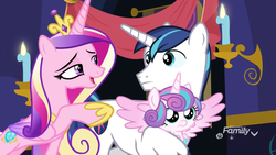 Size: 855x481 | Tagged: safe, screencap, princess cadance, princess flurry heart, shining armor, alicorn, pony, unicorn, g4, my little pony best gift ever, baby, baby pony, family, female, filly, foal, hoof shoes, male, mare, spread wings, stallion, trio, wings