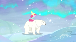 Size: 1920x1080 | Tagged: safe, screencap, pinkie pie, bear, earth pony, polar bear, pony, g4, my little pony best gift ever, animal, aurora borealis, clothes, duo, female, hat, mare, ponies riding bears, riding, riding a bear, scarf, snow, winter outfit