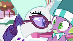 Size: 1920x1080 | Tagged: safe, screencap, rarity, spike, dragon, pony, unicorn, g4, my little pony best gift ever, blushing, boop, close-up, clothes, discovery family logo, duo, female, glasses, hat, male, mare, nose to nose, nose wrinkle, noseboop, scarf, shipping fuel, smiling, snow, striped scarf, sunglasses, winged spike, wings, winter outfit