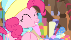 Size: 1920x1080 | Tagged: safe, screencap, pinkie pie, earth pony, pony, g4, my little pony best gift ever, clothes, diabetes, eyes closed, female, hat, mare, scarf, smiling, solo, winter outfit
