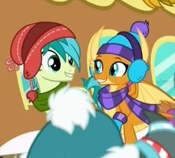 Size: 556x503 | Tagged: safe, screencap, sandbar, smolder, dragon, pony, g4, my little pony best gift ever, clothes, cropped, dragoness, duo focus, earmuffs, female, hat, male, mittens, scarf, smiling, striped scarf, teenager, winter outfit