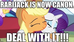 Size: 1136x640 | Tagged: safe, edit, edited screencap, editor:useraccount, screencap, applejack, princess flurry heart, rarity, shining armor, pony, unicorn, g4, my little pony best gift ever, caption, excessive exclamation marks, female, hug, image macro, lesbian, mare, meme, ship:rarijack, shipping, shipping war in the comments, text, the truth, truth