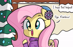 Size: 800x526 | Tagged: safe, artist:artiks, fluttershy, pegasus, pony, g4, my little pony best gift ever, animated, artiks is trying to murder us, christmas, christmas tree, clothes, cute, dialogue, eye shimmer, female, gif, hearth's warming eve, holiday, scene interpretation, shyabetes, snow, solo, tree, waving, winter outfit
