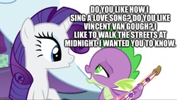 Size: 1136x640 | Tagged: safe, edit, edited screencap, editor:useraccount, screencap, rarity, spike, dragon, pony, unicorn, g4, my little pony best gift ever, brooke ramel, drawn together, duo, female, guitar, i wanted you to know, image macro, male, mare, meme, musical instrument, playing guitar, ship:sparity, shipping, singing, song, song reference, straight, text, vincent van gogh, winged spike, wings