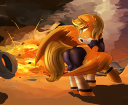 Size: 4896x4024 | Tagged: safe, artist:beardie, oc, oc:rapid rescue, pegasus, pony, absurd resolution, clothes, explosion, male, stallion, tire