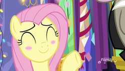 Size: 912x513 | Tagged: safe, screencap, fluttershy, pegasus, pony, g4, my little pony best gift ever, blush sticker, blushing, cute, eyes closed, female, mare, shyabetes, solo focus