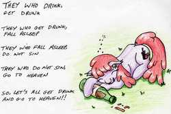 Size: 2400x1601 | Tagged: safe, artist:40kponyguy, derpibooru exclusive, berry punch, berryshine, earth pony, pony, g4, bottle, drunk, ear fluff, female, floppy ears, grass, sleeping, solo, traditional art