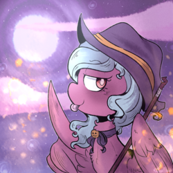 Size: 1024x1024 | Tagged: safe, artist:urbanqhoul, oc, oc only, pegasus, pony, clothes, cloud, commission, female, halloween, hat, holiday, looking at you, mare, moon, pointing, pumpkin, silly, solo, stick, tongue out