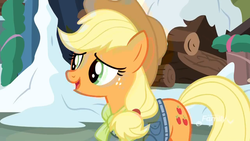 Size: 1280x720 | Tagged: safe, screencap, applejack, earth pony, pony, g4, my little pony best gift ever, applejack's hat, clothes, cowboy hat, cutie mark, female, hat, mare, smiling, snow, solo, winter outfit