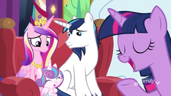 Size: 912x513 | Tagged: safe, screencap, princess cadance, princess flurry heart, shining armor, twilight sparkle, alicorn, pony, unicorn, g4, my little pony best gift ever, baby, baby pony, chair, cute, eyes closed, family, female, filly, foal, male, mare, open mouth, stallion, the true gift of gifting, twilight sparkle (alicorn)