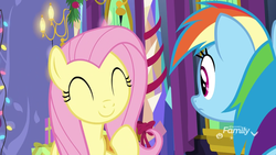 Size: 855x481 | Tagged: safe, screencap, fluttershy, rainbow dash, pegasus, pony, g4, my little pony best gift ever, ^^, cute, duo, eyes closed, female, mare, raised hoof, shyabetes, smiling