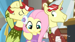 Size: 1920x1080 | Tagged: safe, screencap, flam, flim, fluttershy, pony, unicorn, g4, my little pony best gift ever, clothes, earmuffs, female, male, mare, stallion, sweater, trio, winter outfit