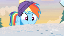 Size: 1920x1080 | Tagged: safe, screencap, rainbow dash, pegasus, pony, g4, my little pony best gift ever, my little pony: friendship is magic, clothes, cute, dashabetes, female, hat, mare, snow, solo, trail, winter outfit