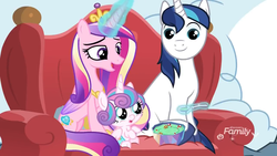 Size: 1280x720 | Tagged: safe, screencap, princess cadance, princess flurry heart, shining armor, alicorn, pony, unicorn, g4, my little pony best gift ever, armchair, baby, baby alicorn, baby flurry heart, baby pony, bowl, chair, cutie mark, diaper, diapered, diapered filly, discovery family logo, family, father and child, father and daughter, female, filly, foal, food, glowing horn, horn, magic, male, mare, mother and child, mother and daughter, pudding, puddinghead's pudding, smiling, spoon, stallion, telekinesis, trio, twily face