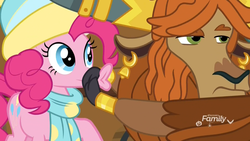 Size: 1920x1080 | Tagged: safe, screencap, pinkie pie, prince rutherford, earth pony, pony, yak, g4, my little pony best gift ever, clothes, cloven hooves, duckface, duo, ear piercing, earring, female, hat, jewelry, male, mare, piercing, quiet, scarf, shifty eyes, suspicious, winter outfit
