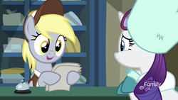 Size: 1920x1080 | Tagged: safe, screencap, derpy hooves, rarity, pegasus, pony, unicorn, best gift ever, g4, bell, clothes, discovery family logo, female, hat, mailmare, mailmare hat, mare, open mouth, paper, post office, reading, uniform, winter outfit