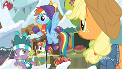 Size: 1280x720 | Tagged: safe, screencap, applejack, rainbow dash, spike, dragon, earth pony, pegasus, pony, g4, my little pony best gift ever, applejack's hat, clothes, cowboy hat, discovery family logo, female, flying, hat, male, mare, scarf, snow, striped scarf, winged spike, wings, winter outfit