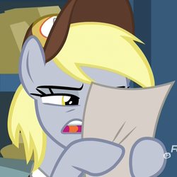 Size: 1079x1078 | Tagged: safe, screencap, derpy hooves, pegasus, pony, g4, my little pony best gift ever, cropped, female, hat, hoof hold, mailmare, mailmare hat, mare, narrowed eyes, open mouth, reaction image, reading, squint, what the fuck am i reading