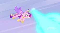 Size: 855x481 | Tagged: safe, screencap, princess cadance, alicorn, pony, g4, my little pony best gift ever, blast, colored wings, female, flying, gradient wings, hoof shoes, magic, magic beam, magic blast, mare, solo, spread wings, wings