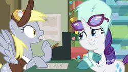Size: 1920x1080 | Tagged: safe, screencap, derpy hooves, rarity, pegasus, pony, unicorn, g4, my little pony best gift ever, bipedal, bipedal leaning, boots, cash register, christmas, christmas lights, clothes, duo, female, gasp, hat, holiday, leaning, mailmare hat, mare, open mouth, paper, post office, shirt, shoes, smiling, spread wings, sunglasses, surprised, uncomfortable, uniform, wings