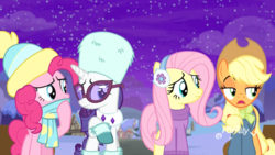 Size: 1920x1080 | Tagged: safe, screencap, applejack, fluttershy, pinkie pie, rarity, earth pony, pegasus, pony, unicorn, g4, my little pony best gift ever, clothes, cute, earmuffs, female, fluttershy's purple sweater, glasses, hat, lidded eyes, mare, scarf, snow, sweater, sweatershy, winter outfit