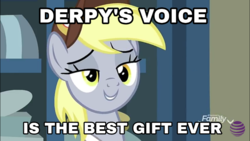 Size: 960x540 | Tagged: safe, edit, edited screencap, screencap, derpy hooves, pony, best gift ever, g4, female, hat, image macro, lidded eyes, mailmare hat, mare, meme, solo, text
