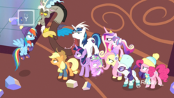 Size: 1920x1080 | Tagged: safe, screencap, applejack, discord, fluttershy, pinkie pie, princess cadance, princess flurry heart, rainbow dash, rarity, shining armor, spike, twilight sparkle, alicorn, draconequus, dragon, earth pony, pegasus, pony, unicorn, g4, my little pony best gift ever, annoyed, baby, baby pony, boots, brother and sister, clothes, crossed arms, earmuffs, father and daughter, female, filly, flying, foal, glasses, hat, hoof shoes, husband and wife, male, mane six, mare, married couple, mother and daughter, scarf, shoes, stallion, twilight sparkle (alicorn), twilight's castle, winter outfit