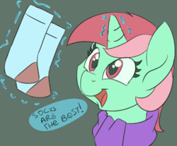 Size: 1000x829 | Tagged: safe, artist:lockhe4rt, minty bubblegum, pony, unicorn, g3, g4, clothes, dialogue, female, magic, mare, smiling, socks, solo, that pony sure does love socks