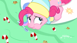 Size: 1920x1080 | Tagged: safe, screencap, pinkie pie, earth pony, pony, best gift ever, g4, candy, candy cane, clothes, eating, female, floaty, food, hat, inflatable, inflatable toy, mare, pool toy, prehensile mane, pudding, puddinghead's pudding, solo, winter outfit