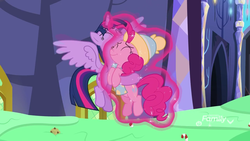 Size: 855x481 | Tagged: safe, screencap, pinkie pie, twilight sparkle, alicorn, earth pony, pony, g4, my little pony best gift ever, candy, candy cane, clothes, cookie, cute, duo, female, food, hug, levitation, magic, magic aura, mare, pudding, puddinghead's pudding, spread wings, telekinesis, twilight sparkle (alicorn), wings, winter outfit
