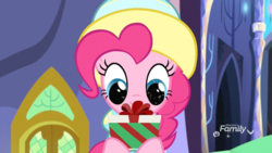 Size: 1920x1080 | Tagged: safe, screencap, pinkie pie, earth pony, pony, g4, my little pony best gift ever, cute, diapinkes, female, hat, mare, present, solo, sparkly eyes, twilight's castle, wingding eyes