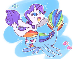 Size: 1012x822 | Tagged: safe, artist:raridashdoodles, rainbow dash, rarity, fish, pegasus, pony, seapony (g4), unicorn, g4, my little pony: the movie, bubble, cute, dorsal fin, female, fin wings, fins, fish tail, horn, lesbian, mare, ocean, open mouth, seaponified, seapony rainbow dash, seapony rarity, ship:raridash, shipping, smiling, species swap, swimming, tail, underwater, water, wings