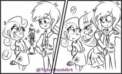 Size: 540x329 | Tagged: safe, artist:tylerdashart, rainbow dash, sweetie belle, twilight sparkle, equestria girls, g4, black and white, female, grayscale, heart, implied sweetiedash, jealous, lesbian, monochrome, ship:twidash, shipping, shipping denied