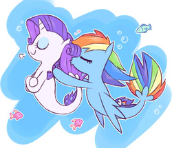 Size: 996x857 | Tagged: safe, artist:raridashdoodles, rainbow dash, rarity, fish, pegasus, pony, seapony (g4), unicorn, g4, my little pony: the movie, bubble, eyes closed, female, fin wings, fins, fish tail, flowing mane, flowing tail, horn, kissing, lesbian, ocean, seaponified, seapony rainbow dash, seapony rarity, ship:raridash, shipping, smiling, species swap, tail, underwater, water, wings