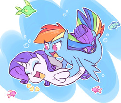 Size: 963x819 | Tagged: safe, artist:raridashdoodles, rainbow dash, rarity, fish, pegasus, pony, seapony (g4), unicorn, g4, my little pony: the movie, bubble, eyes closed, female, fin wings, fins, fish tail, flowing mane, flowing tail, horn, laughing, lesbian, mare, ocean, open mouth, open smile, seaponified, seapony rainbow dash, seapony rarity, ship:raridash, shipping, smiling, species swap, tail, tickling, underwater, water, wings