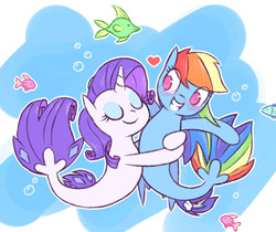 Size: 992x833 | Tagged: safe, artist:raridashdoodles, rainbow dash, rarity, fish, pegasus, pony, seapony (g4), unicorn, g4, my little pony: the movie, blue mane, blushing, bubble, dorsal fin, eyes closed, eyeshadow, female, fin wings, fins, fish tail, flowing mane, flowing tail, heart, horn, hug, lesbian, makeup, ocean, seaponified, seapony rainbow dash, seapony rarity, ship:raridash, shipping, smiling, species swap, tail, teeth, underwater, water, wings