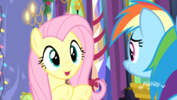 Size: 1920x1080 | Tagged: safe, screencap, fluttershy, rainbow dash, pegasus, pony, g4, my little pony best gift ever, my little pony: friendship is magic, cute, dashabetes, duo, female, looking at each other, mare, open mouth, raised hoof, shyabetes, twilight's castle