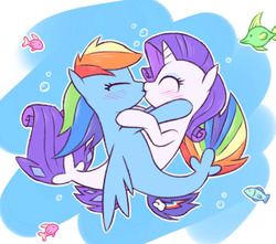 Size: 963x852 | Tagged: safe, artist:raridashdoodles, rainbow dash, rarity, fish, pegasus, pony, seapony (g4), unicorn, g4, my little pony: the movie, blue mane, blushing, bubble, dorsal fin, eyes closed, female, fin wings, fins, fish tail, flowing mane, flowing tail, horn, kissing, lesbian, mare, ocean, seaponified, seapony rainbow dash, seapony rarity, ship:raridash, shipping, species swap, tail, underwater, water, wings