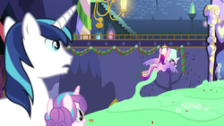 Size: 855x481 | Tagged: safe, screencap, princess cadance, princess flurry heart, rarity, shining armor, alicorn, pony, unicorn, g4, my little pony best gift ever, candy, candy cane, colored wings, cookie, father and daughter, female, flying, food, gradient wings, husband and wife, male, mare, married couple, pudding, puddinghead's pudding, spread wings, stallion, tentacles, wings