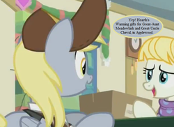 Size: 704x512 | Tagged: safe, edit, edited screencap, editor:korora, screencap, derpy hooves, summer breeze, pony, best gift ever, g1, g4, my little pony tales, clock, cropped, dialogue, female, friendship student, g1 to g4, generation leap, hat, implied cheval, implied chevalark, implied meadowlark, implied shipping, implied straight, mailmare hat, mare, parcel, speech bubble