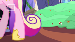 Size: 855x481 | Tagged: safe, screencap, princess cadance, pony, best gift ever, g4, candy, candy cane, cookie, food, hind legs, hoof shoes, hooves, legs, pictures of legs, pudding, puddinghead's pudding, solo, tv rating, tv-y