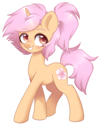 Size: 1651x2030 | Tagged: safe, artist:hawthornss, oc, oc only, oc:iris, pony, unicorn, cute, flower, looking at you, ponytail, simple background, smiling, solo, transparent background, walking