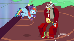 Size: 912x513 | Tagged: safe, screencap, discord, rainbow dash, draconequus, pegasus, pony, best gift ever, g4, armchair, candy, candy cane, chair, clothes, cookie, drink, duo, female, flying, food, male, mare, popcorn, pudding, puddinghead's pudding, winter outfit