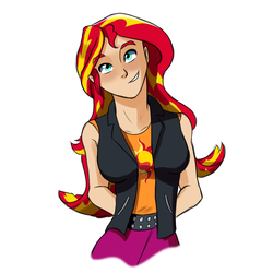 Size: 1080x1080 | Tagged: safe, artist:lorenz3, artist:notaletolivefor, sunset shimmer, human, g4, arm behind back, female, humanized, simple background, smiling, solo, white background