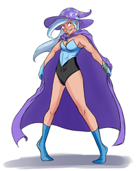 Size: 909x1150 | Tagged: safe, artist:lorenz3, artist:notaletolivefor, trixie, human, g4, abs, cape, clothes, female, hat, humanized, leotard, simple background, smiling, solo, trixie's cape, trixie's hat, white background