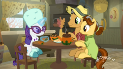 Size: 1920x1080 | Tagged: safe, screencap, butternut, oak nut, rarity, earth pony, pony, unicorn, g4, my little pony best gift ever, acorn, boots, broom, chair, clothes, cup, curtains, discovery family logo, dress, farm, farmhouse, female, food, glowing horn, hat, horn, kitchen, levitation, magic, magic aura, male, mare, oak leaf, oven, rope, shirt, shoes, sitting, stallion, sunglasses, sweet acorn orchard, table, tea, teacup, teapot, telekinesis, winter outfit