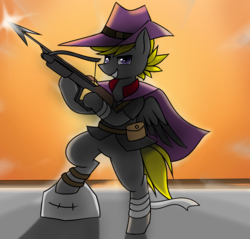 Size: 1312x1256 | Tagged: safe, artist:pencil bolt, oc, oc only, oc:pencil bolt, pegasus, pony, clothes, costume, crossbow, halloween, halloween costume, holiday, male, stone, sunset, vampire hunter