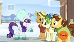 Size: 1920x1080 | Tagged: safe, screencap, butternut, oak nut, pistachio, rarity, earth pony, pony, unicorn, g4, my little pony best gift ever, acorn family, boots, clothes, discovery family logo, dress, family, farm, farmhouse, female, hat, male, mare, scarf, shirt, shoes, snow, stallion, sunglasses, sweet acorn orchard, teenager, winter outfit