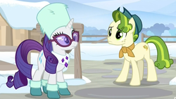 Size: 1474x829 | Tagged: safe, screencap, pistachio, rarity, earth pony, pony, unicorn, g4, my little pony best gift ever, boots, clothes, duo, farm, farmhouse, female, fence, glasses, hat, male, mare, neckerchief, shoes, snow, stallion, sunglasses, sweet acorn orchard, teenager, winter outfit