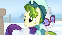 Size: 1920x1080 | Tagged: safe, screencap, pistachio, rarity, earth pony, pony, unicorn, best gift ever, g4, boots, clothes, duo, eyes closed, farm, female, fence, hat, hug, male, mare, shoes, snow, stallion, sunglasses, sweet acorn orchard, teenager, winter outfit